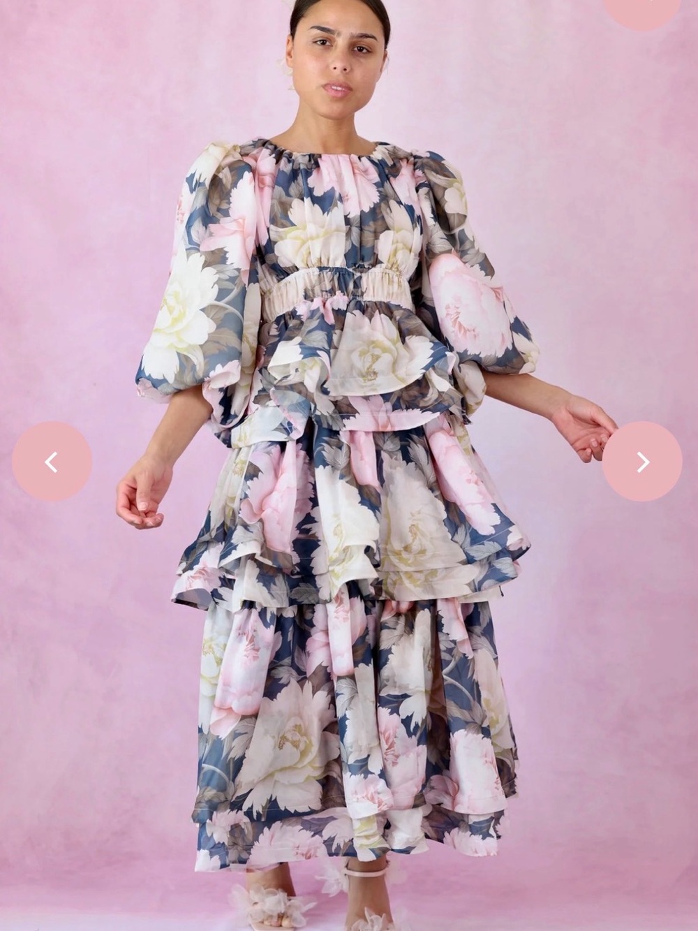 Tiered Floral Ruffle Dress in Pink and Navy